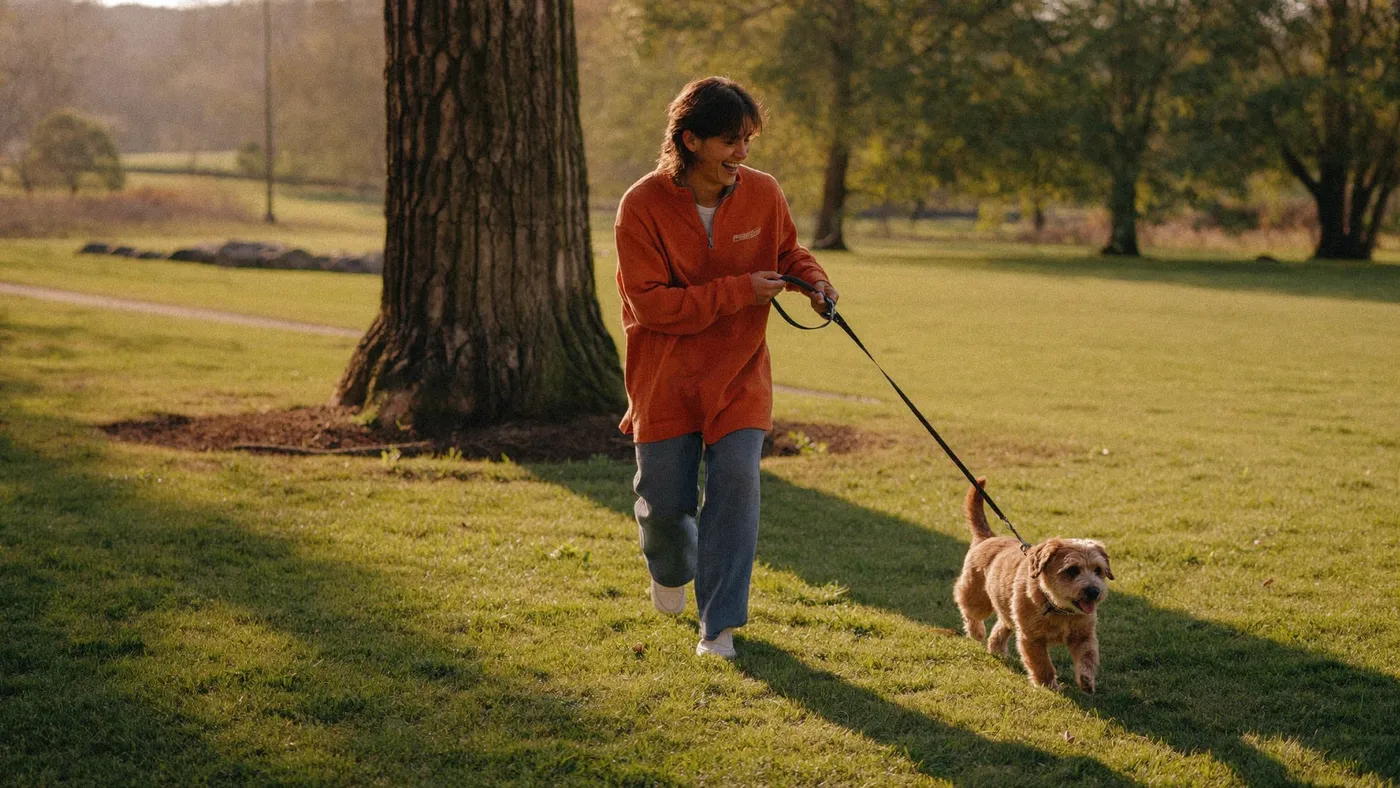 Person laughing while walking a small dog through a sunny park, natural candid motion, joyful warm light