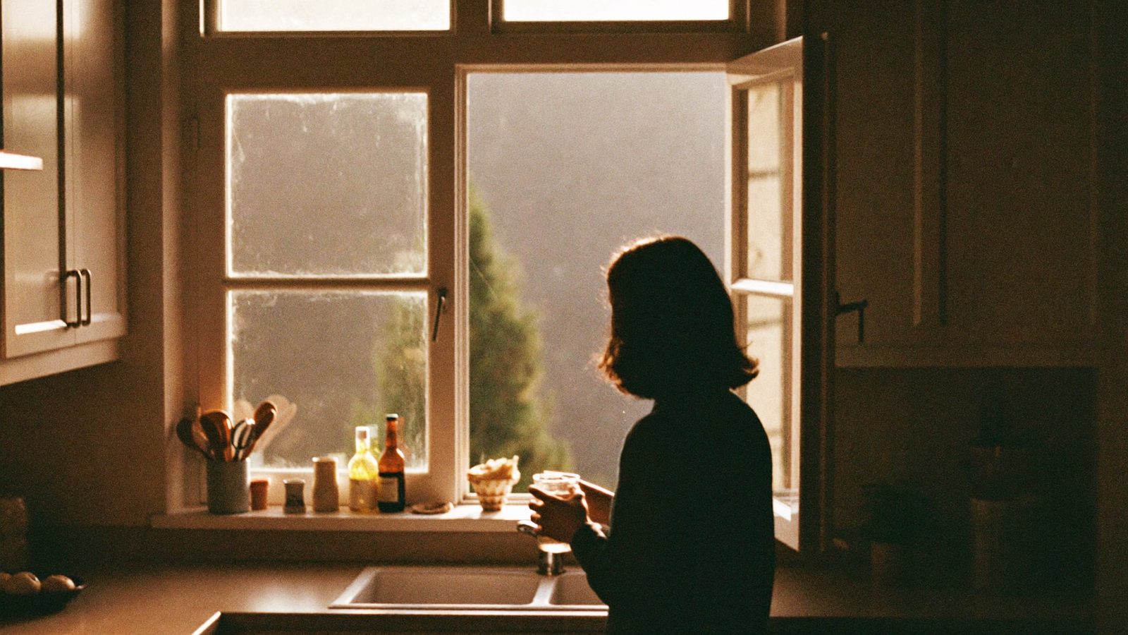 Person standing at a kitchen window in the morning holding a glass of water, looking out at soft misty light, unhurried