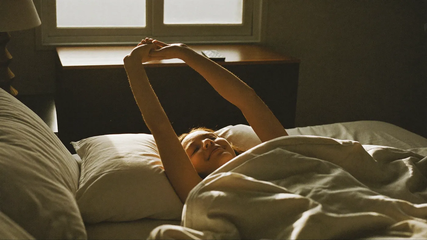 Sunlit bed with a person stretching their arms upward on waking, phone far away on a dresser across the room