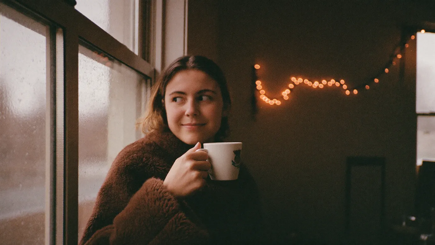 Person holding a warm drink by a frosted window in a quiet room, fairy lights blurred in another room behind them