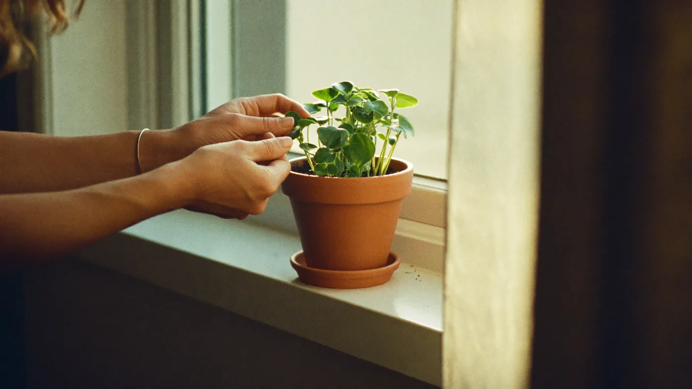 Hands gently tending a small green plant in a terracotta pot on a bright windowsill, morning light