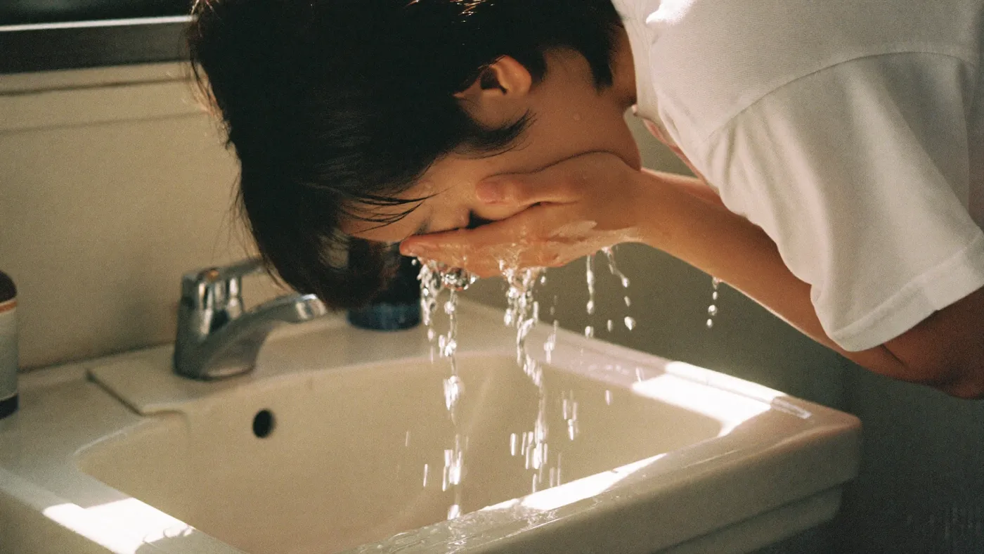 Person splashing water on their face over a bright bathroom sink, refreshing morning light, droplets catching sun