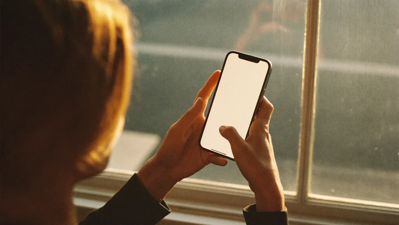 Person holding a phone with a soft blank glowing screen, pausing thoughtfully before replying, cafe window light