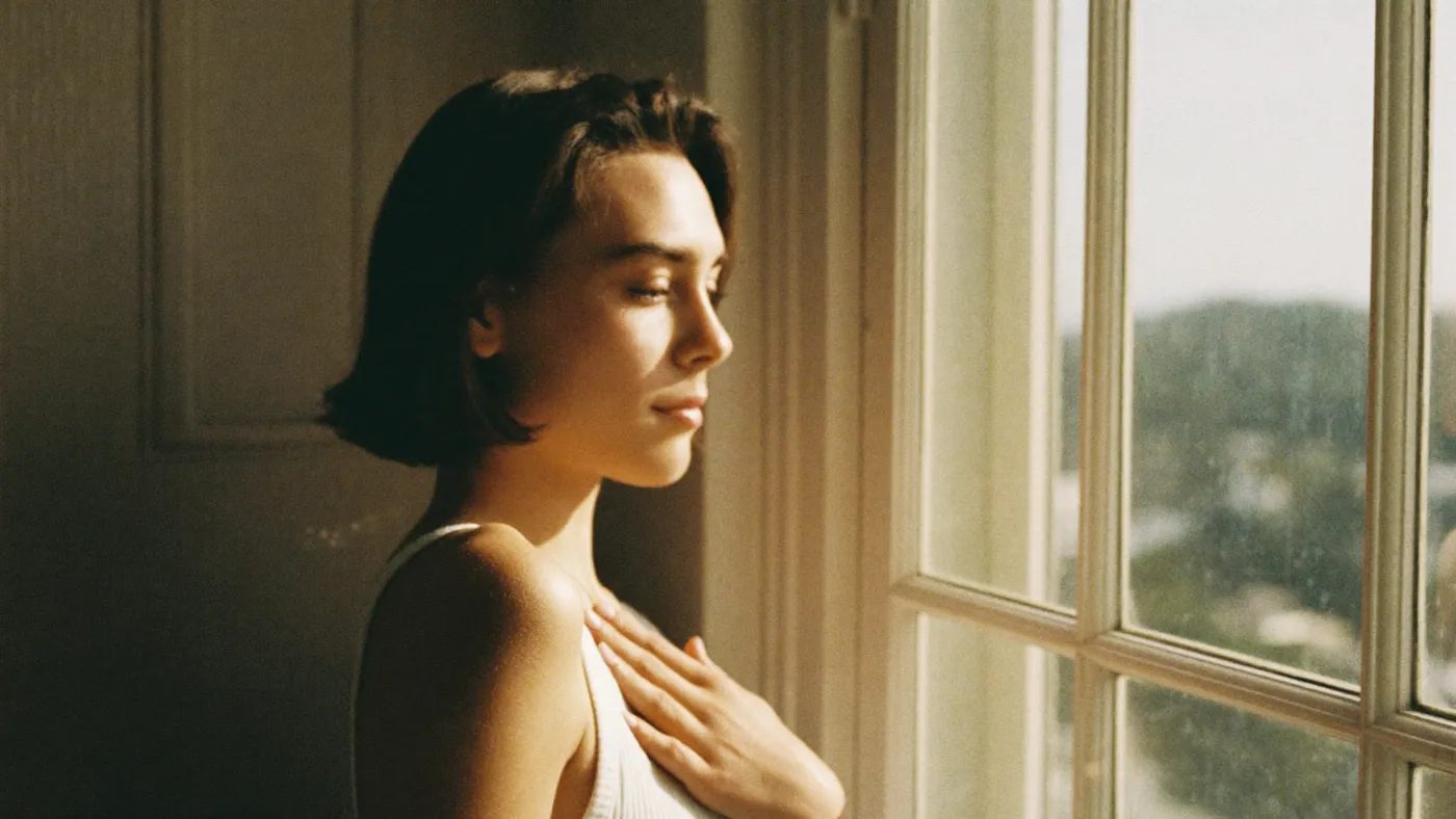 Person looking gently at their reflection in a small round mirror near a window, soft morning light, kind expression