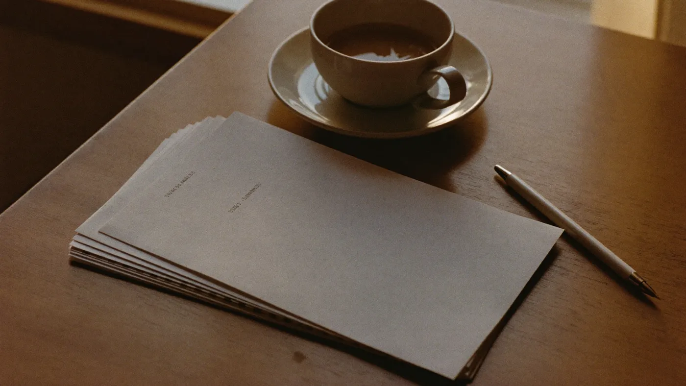 Blank index cards stacked beside a pen and a cup of tea on a wooden desk, morning window light