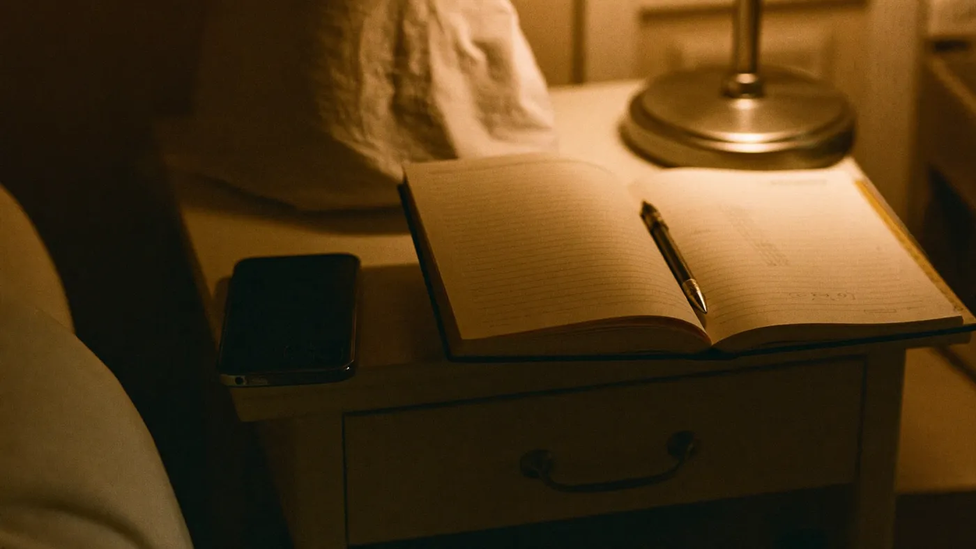 Notebook and pen on a nightstand next to a switched-off phone, warm lamp glow, late evening