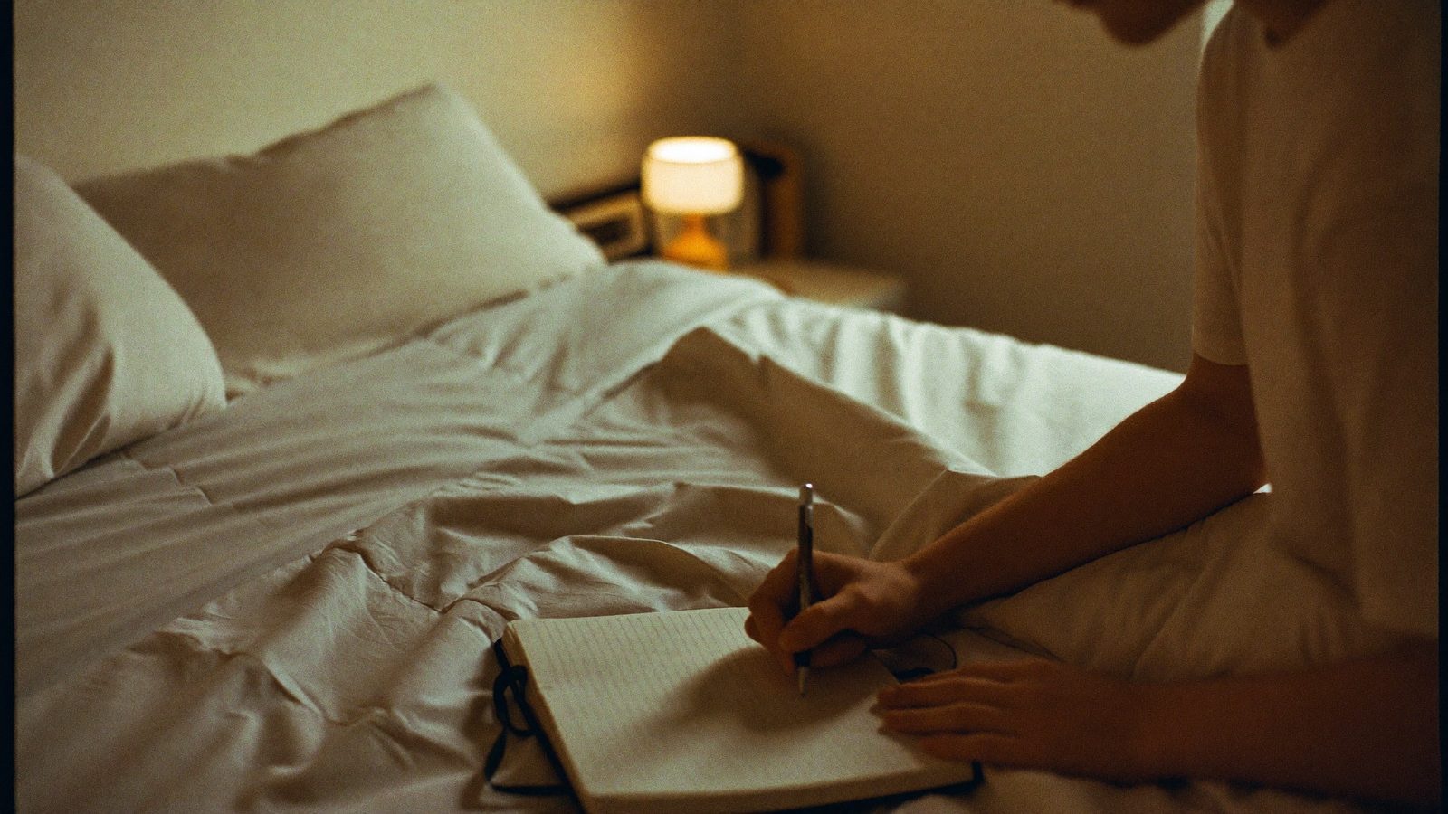 Dim bedroom with a small lamp on, a person sitting up in bed writing in a notebook with blank pages, calm
