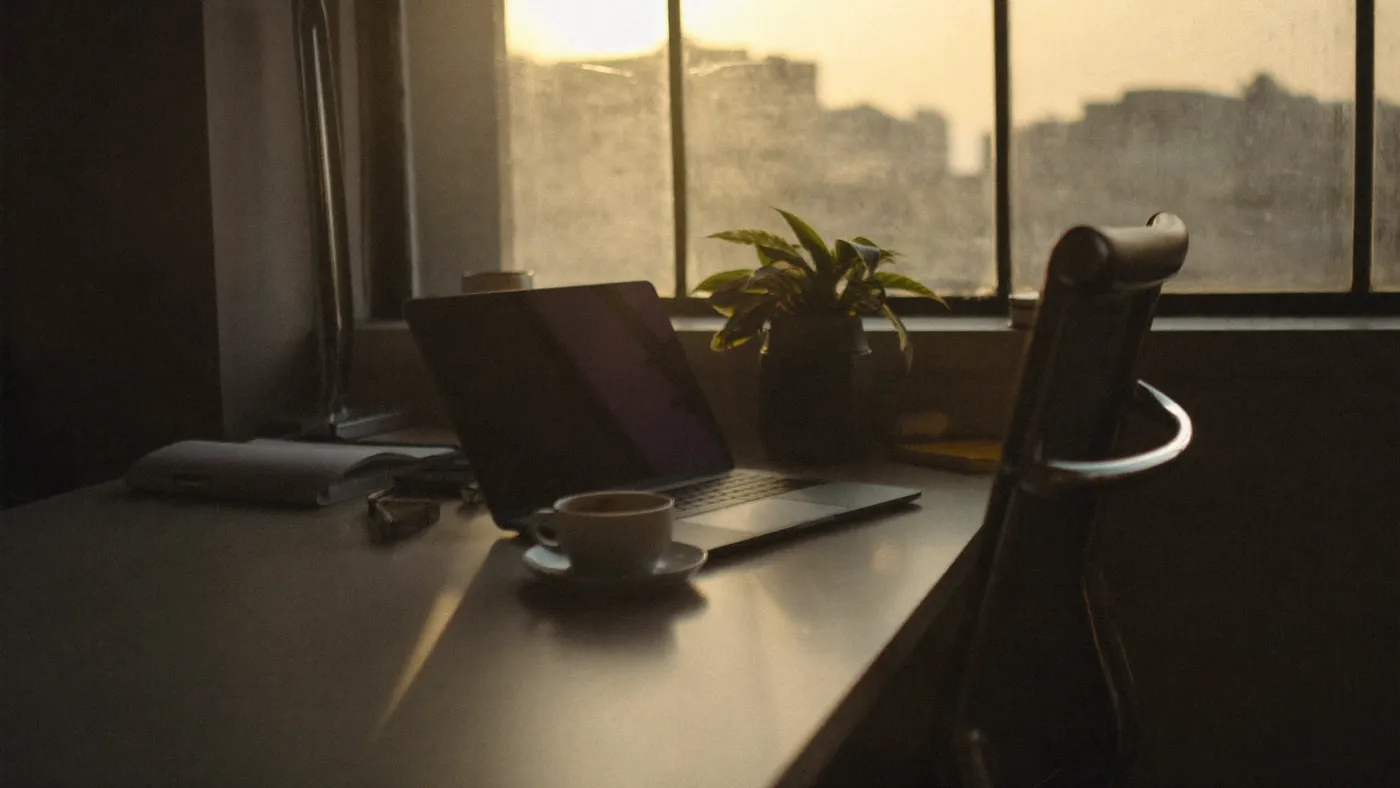 An office desk at golden hour with a laptop, a coffee cup and a small plant, the chair pushed back