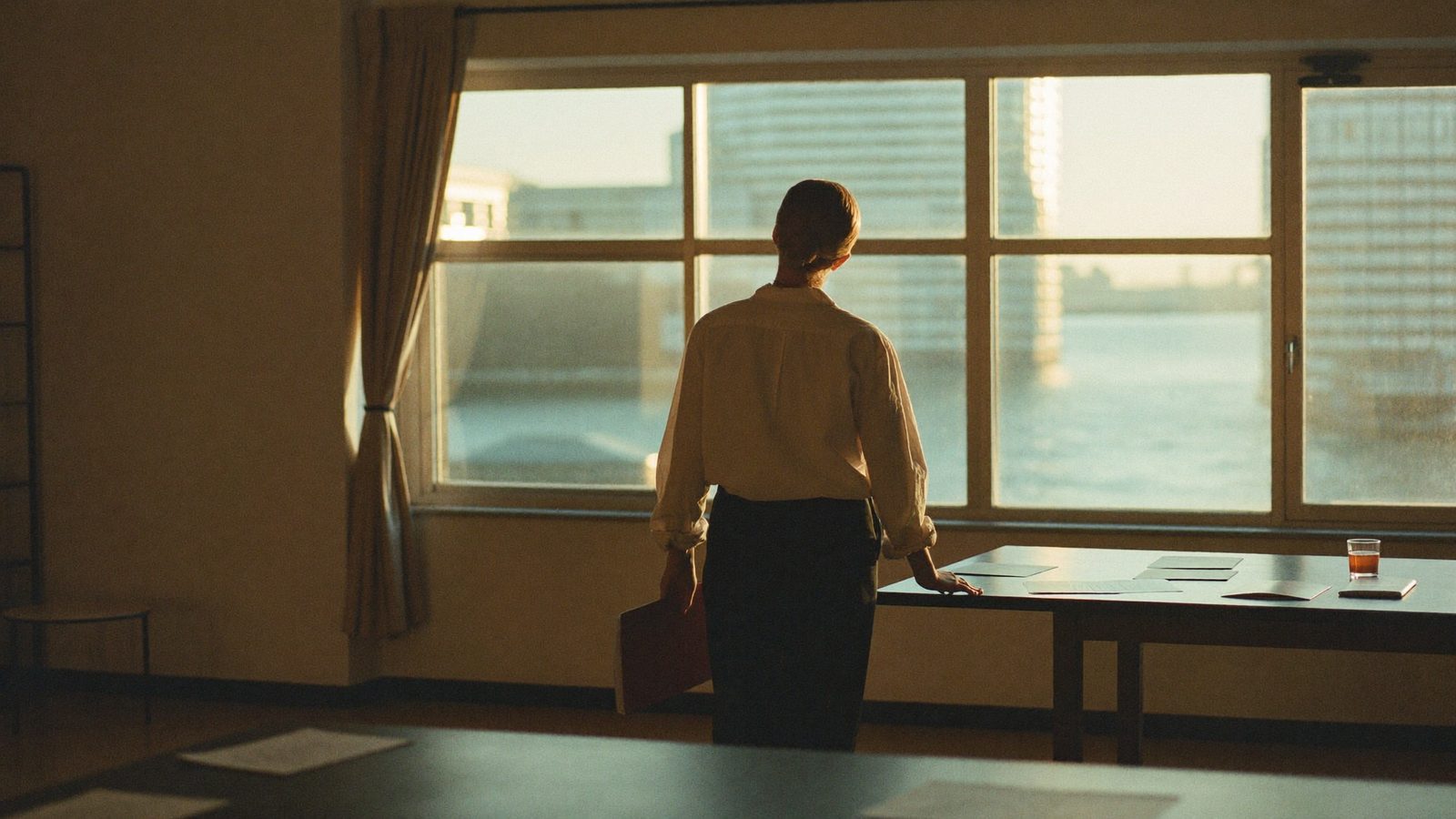 Person standing alone at the back of a bright conference room before a presentation, holding a folder, soft daylight