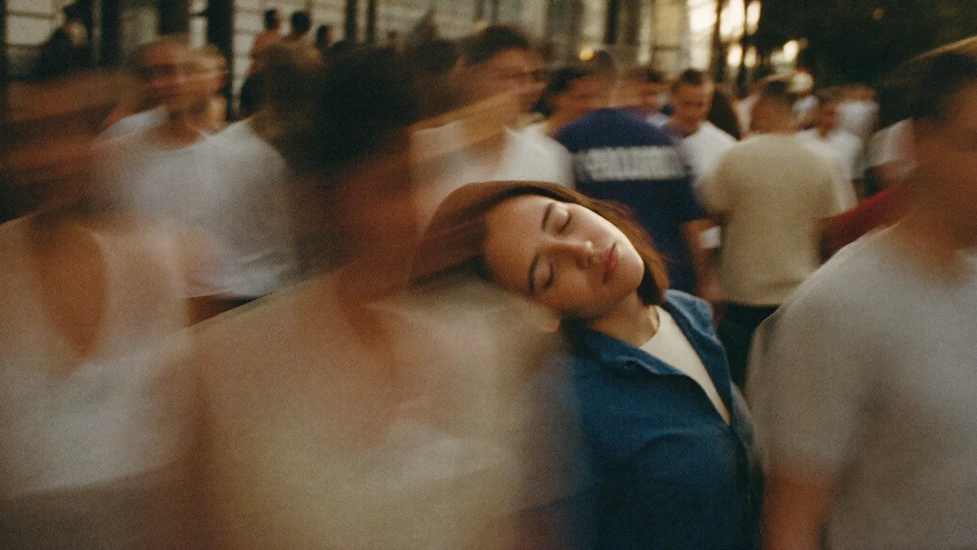 Person pausing with closed eyes on a busy sidewalk, crowd motion-blurred around their stillness, golden hour