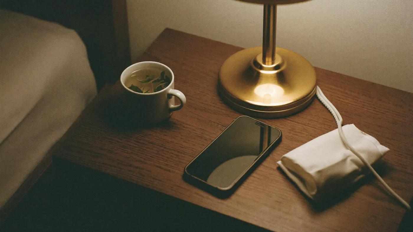 Phone lying face-down on a nightstand next to a closed book with a plain unmarked cover, warm bedside lamp glow