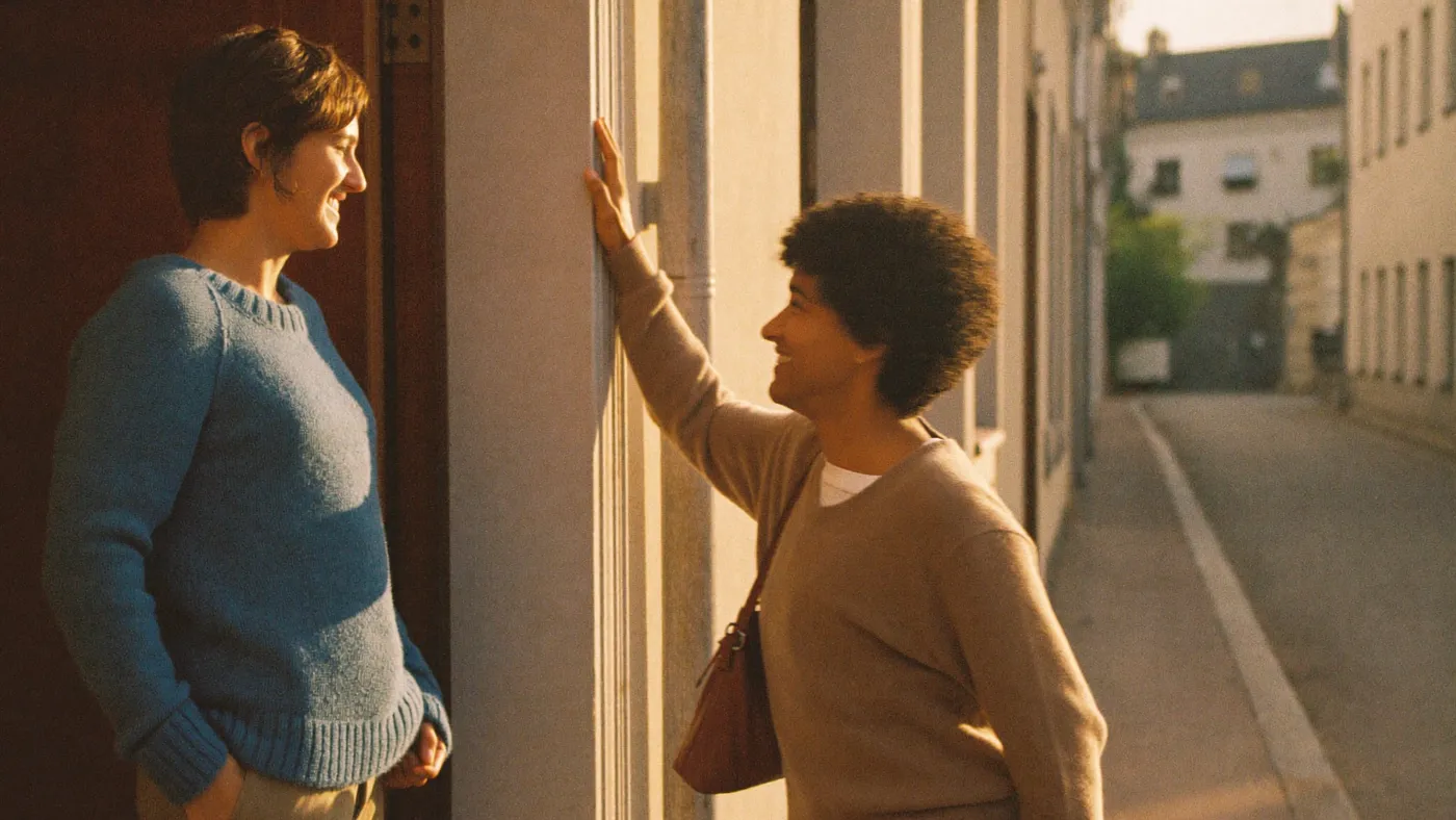 Person warmly waving to a neighbor from a doorstep, golden hour on a quiet street, friendly small moment
