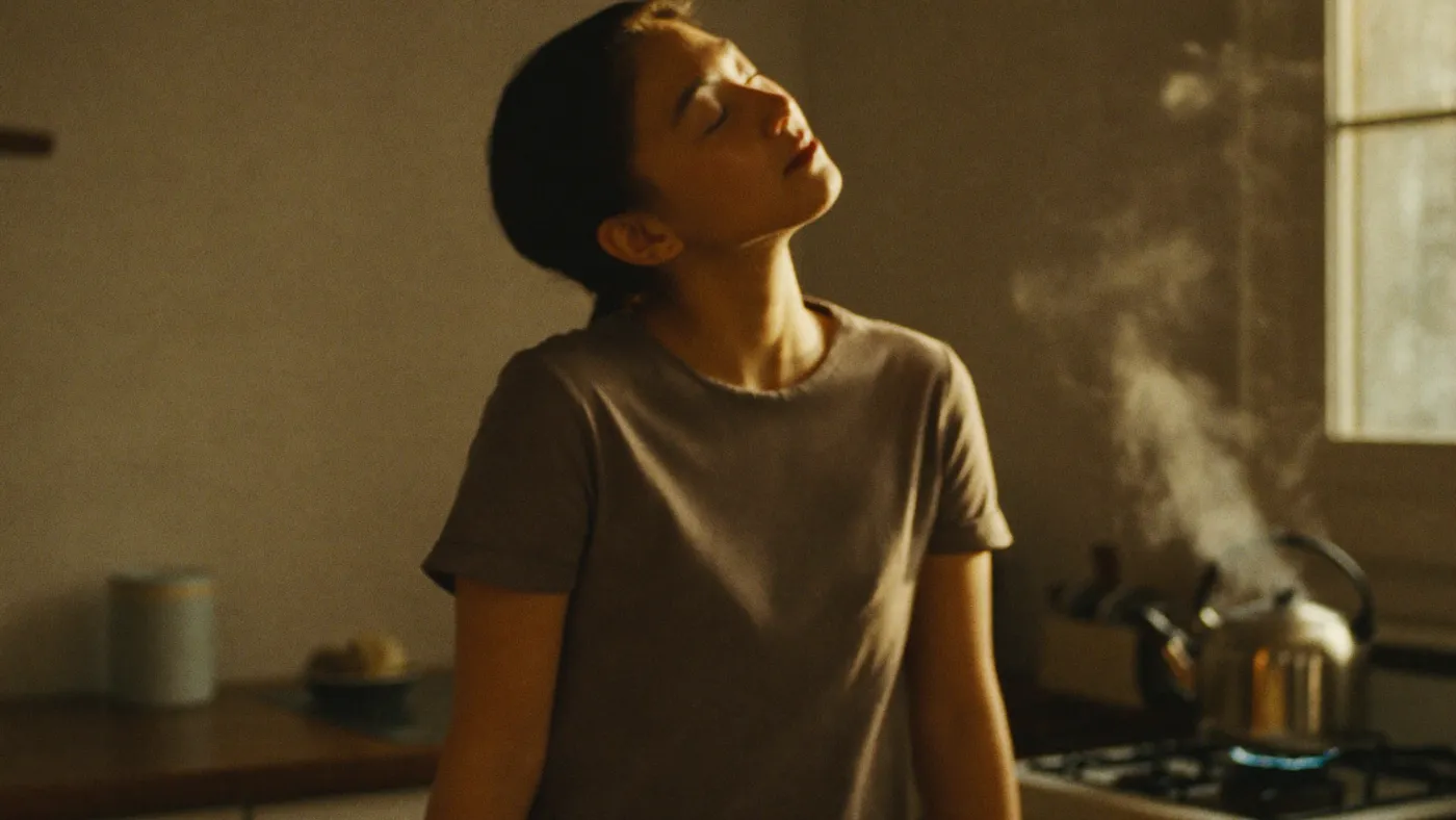 Person doing a gentle neck stretch beside a kitchen counter while a kettle steams, easy morning light