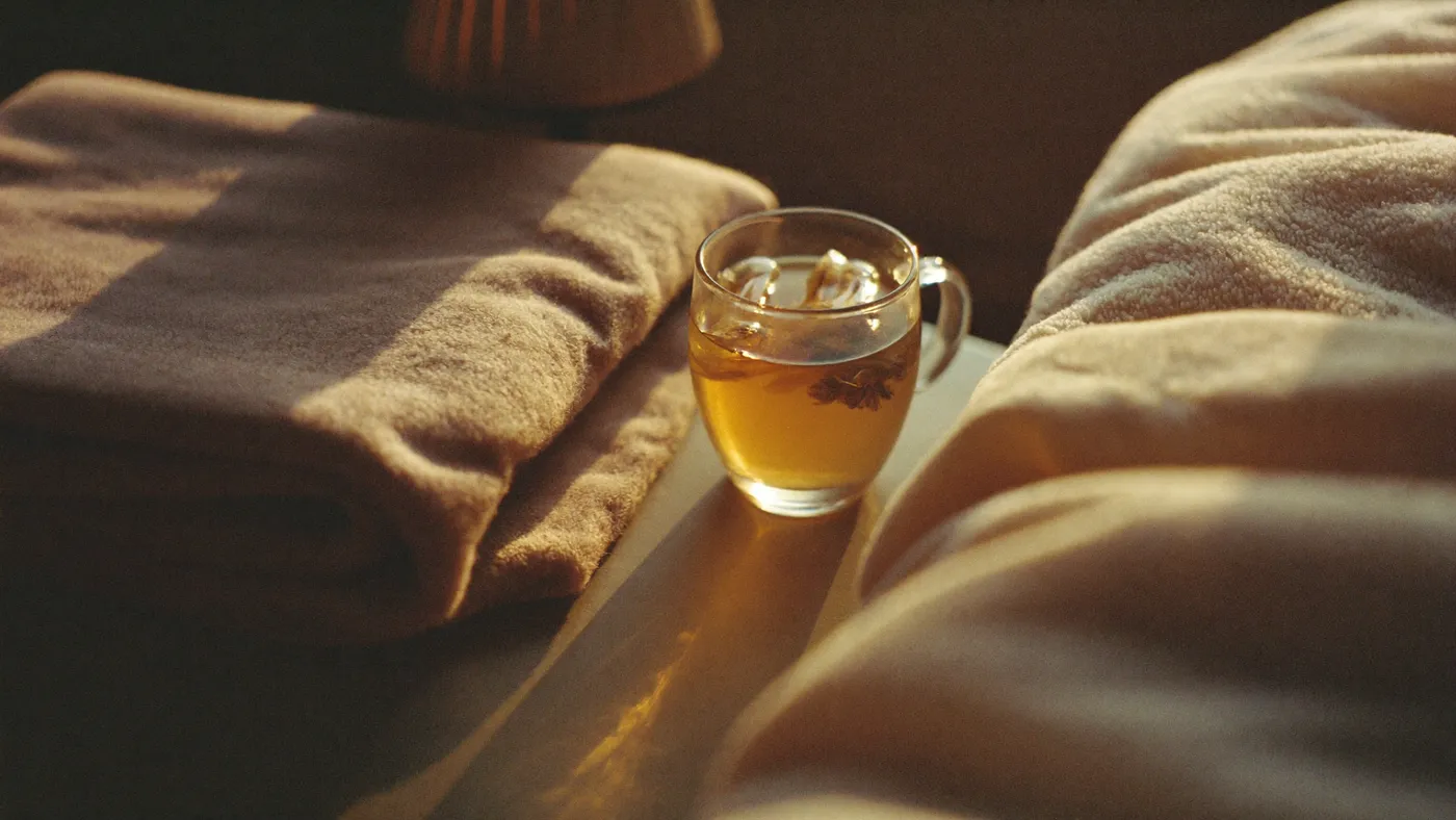 Steaming mug of herbal tea beside a folded blanket on a bedside table, warm lamp glow, evening calm