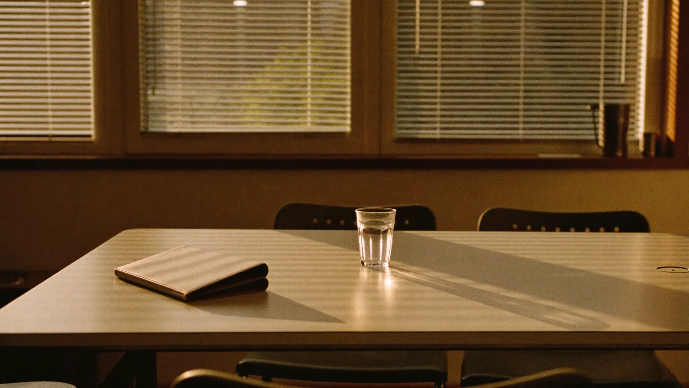 Empty meeting room with a glass of water and a closed notebook on the table, morning light through blinds
