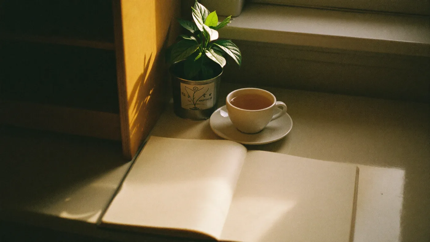 A tidy desk corner with a small plant, warm tea, and an open notebook with plain blank pages