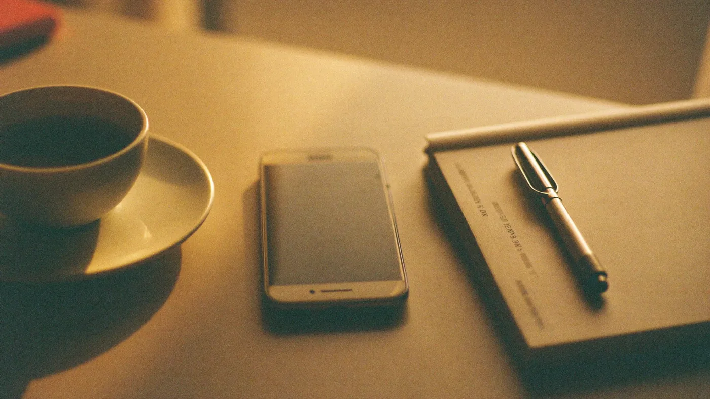 A phone face-down on a table next to a cup of coffee and a closed planner, warm window light