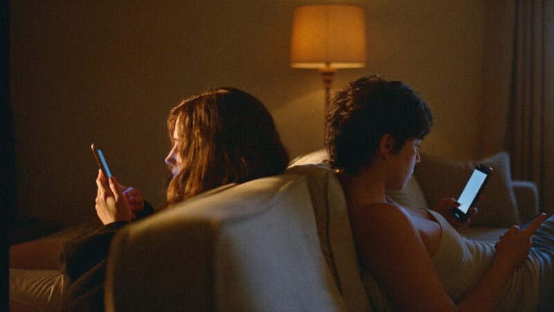 Two people on a sofa at opposite ends, both looking at their phones, warm lamp light, quiet distance between them