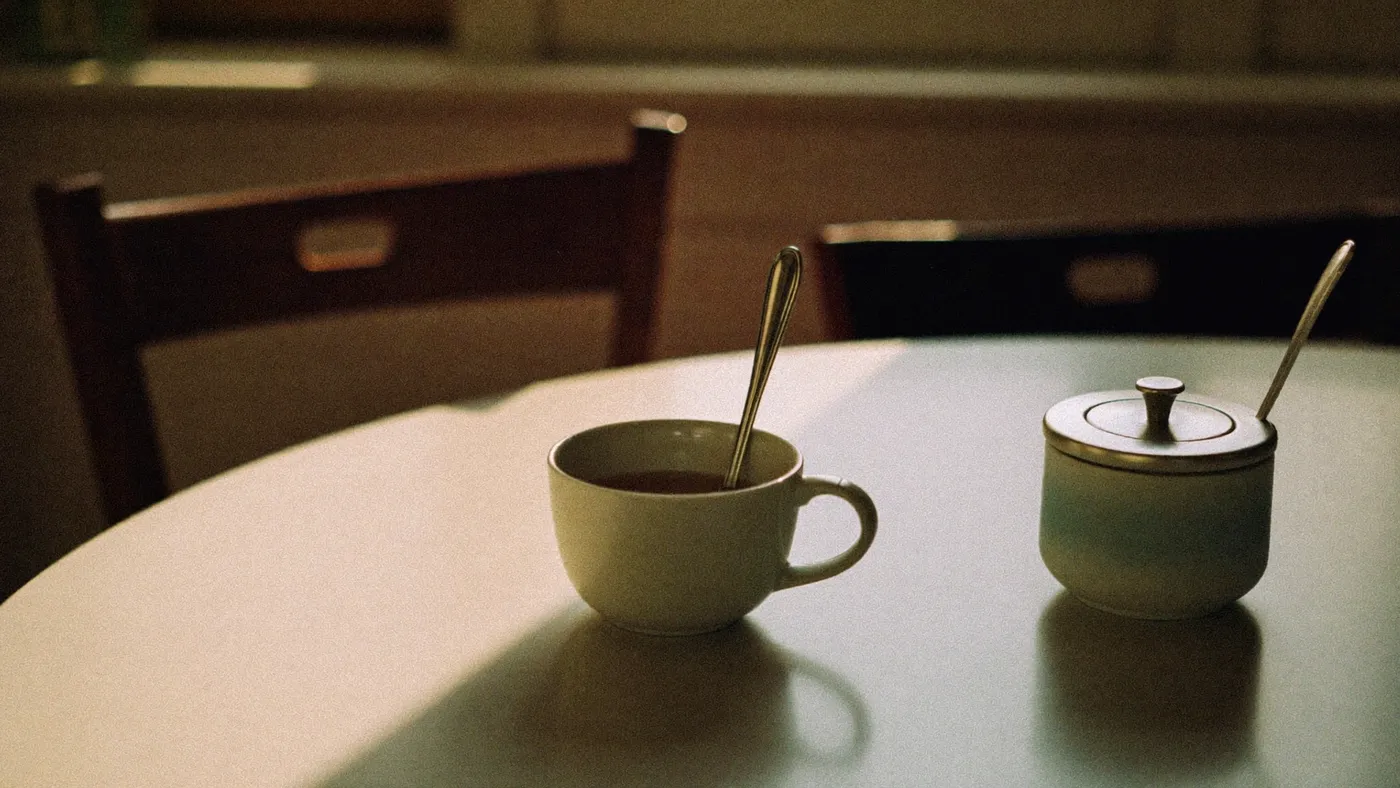 Two mugs of tea on a kitchen table with two chairs angled toward each other, morning window light