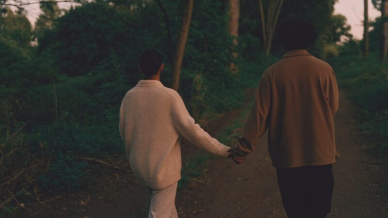 Two people walking a forest path at golden hour holding hands loosely, seen from behind, unhurried
