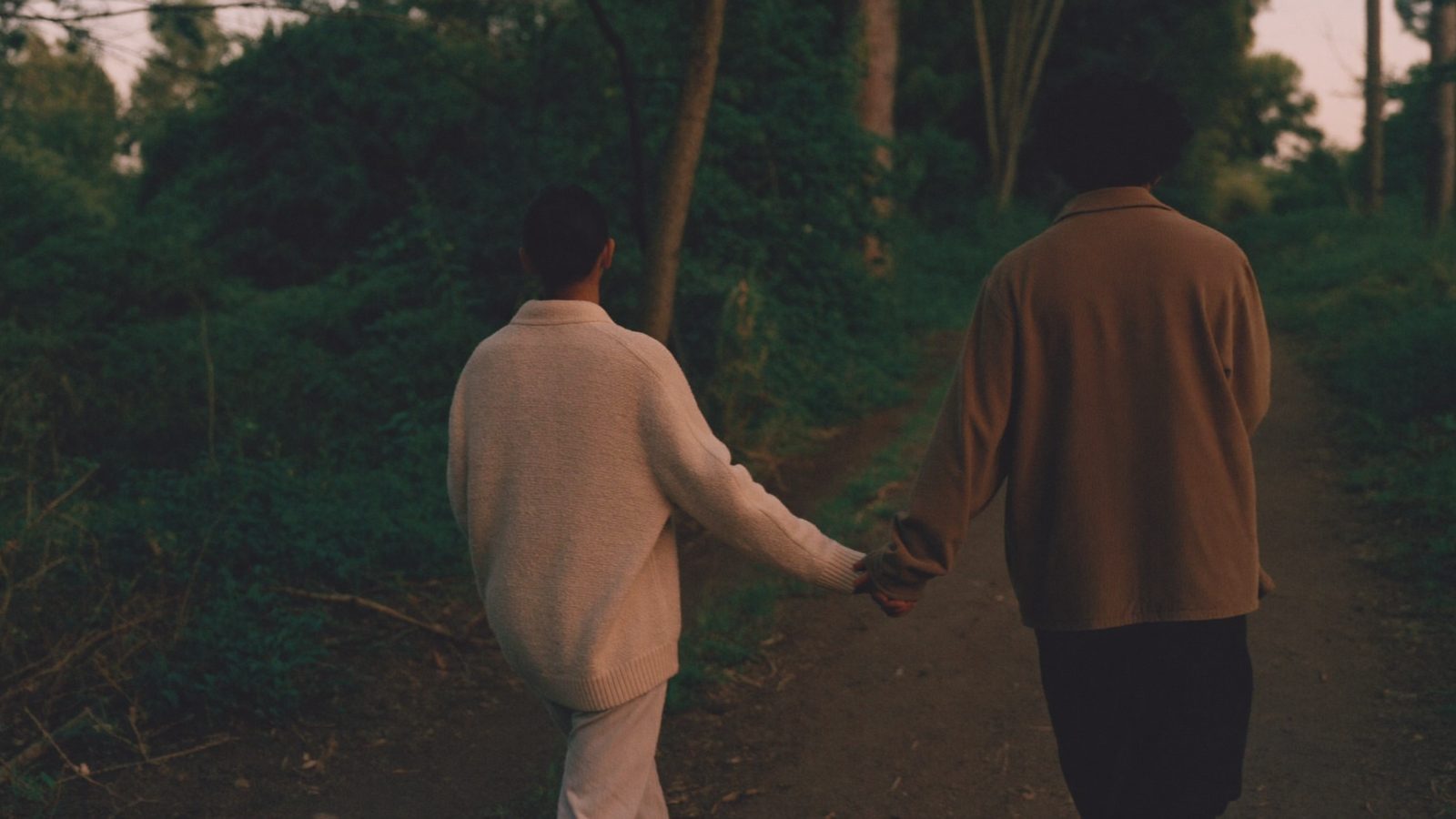 Two people walking a forest path at golden hour holding hands loosely, seen from behind, unhurried