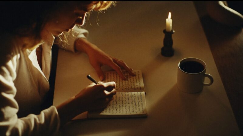 Person writing in a small notebook at a kitchen table at night with a single candle and a mug, warm glow